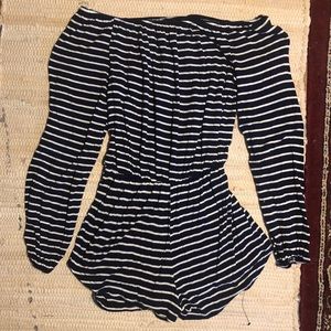 Off the Shoulder Romper- Striped Navy and White
